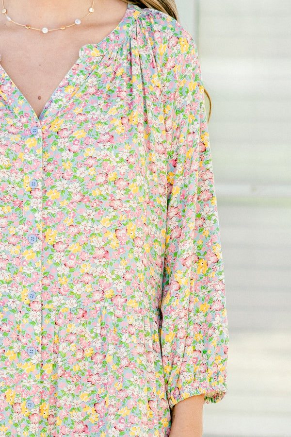 Chic Soul plus size clothing, pink multicolor small floral print mini dress with three quarter length sleeves with v cutout along neckline
