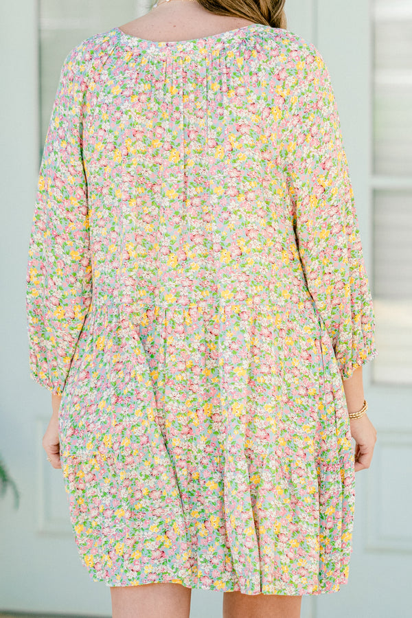 Chic Soul plus size clothing, pink multicolor small floral print mini dress with three quarter length sleeves with v cutout along neckline