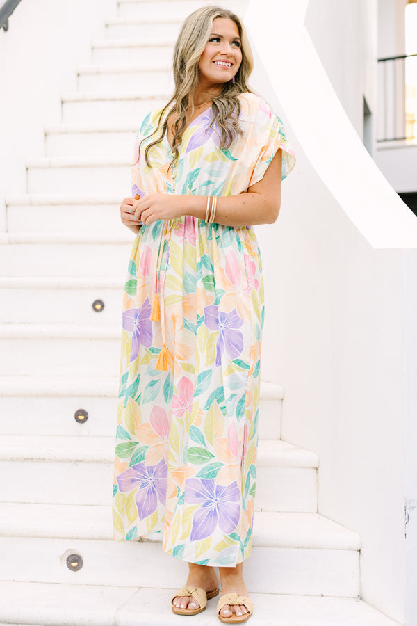 Chic Soul plus size clothing, pastel floral print short sleeve maxi dress that cinches at the waist