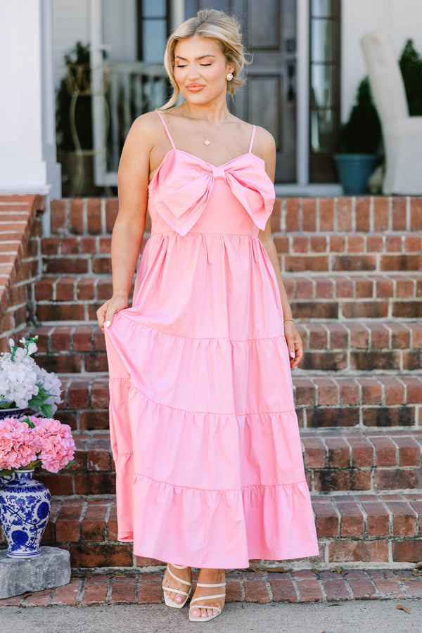 Chic Soul plus size clothing, spaghetti strap maxi dress with scoop neckline with bow along chest with tiered detail