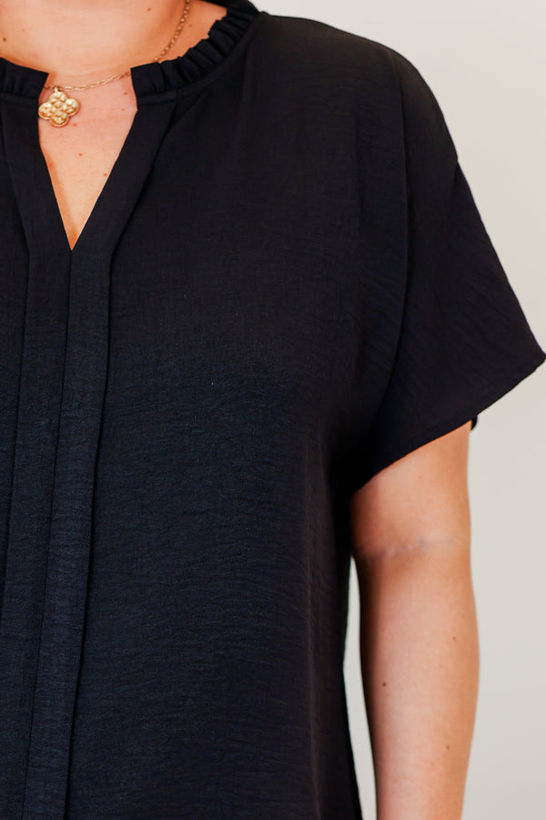 Chic Soul plus size clothing, short sleeve black top with v neckline and flare short sleeves