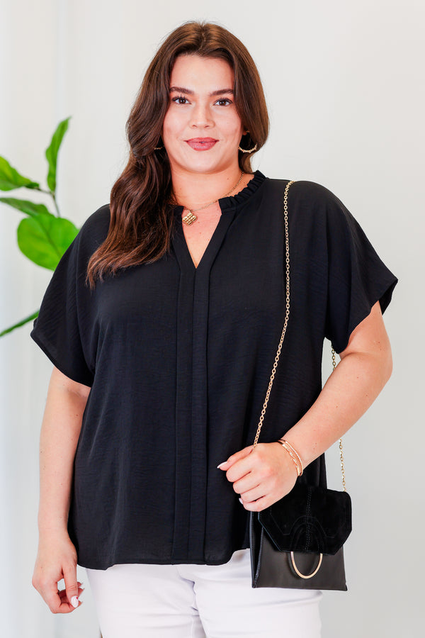 Chic Soul plus size clothing, short sleeve black top with v neckline and flare short sleeves