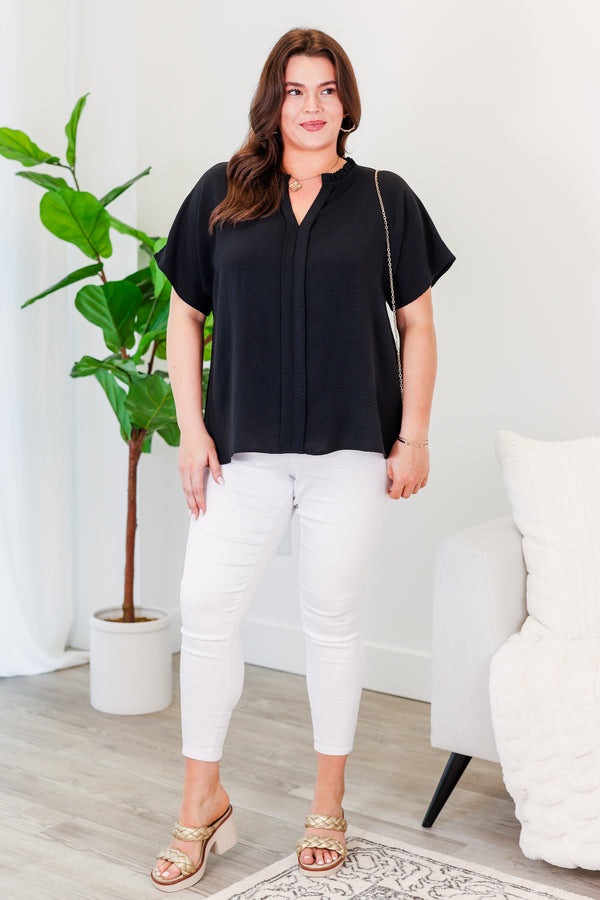 Chic Soul plus size clothing, short sleeve black top with v neckline and flare short sleeves