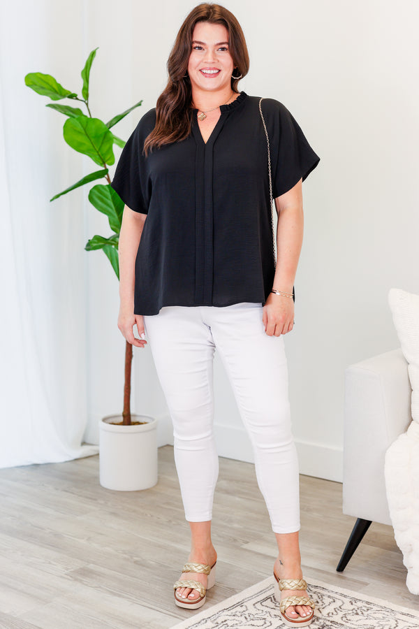 Chic Soul plus size clothing, short sleeve black top with v neckline and flare short sleeves