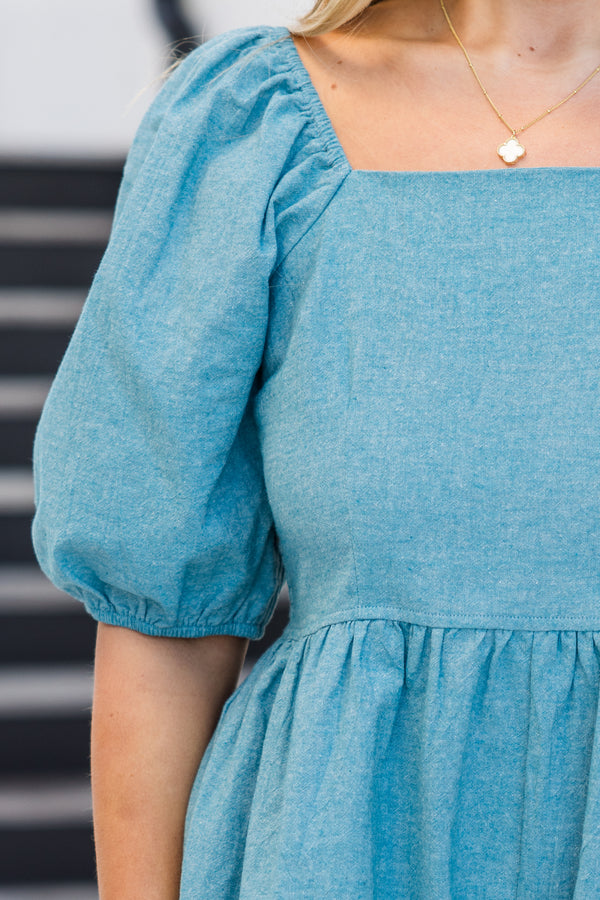 Chic Soul plus size clothing, short-puffed-sleeve blue romper with a square-neckline and a cream braided removable waist tie