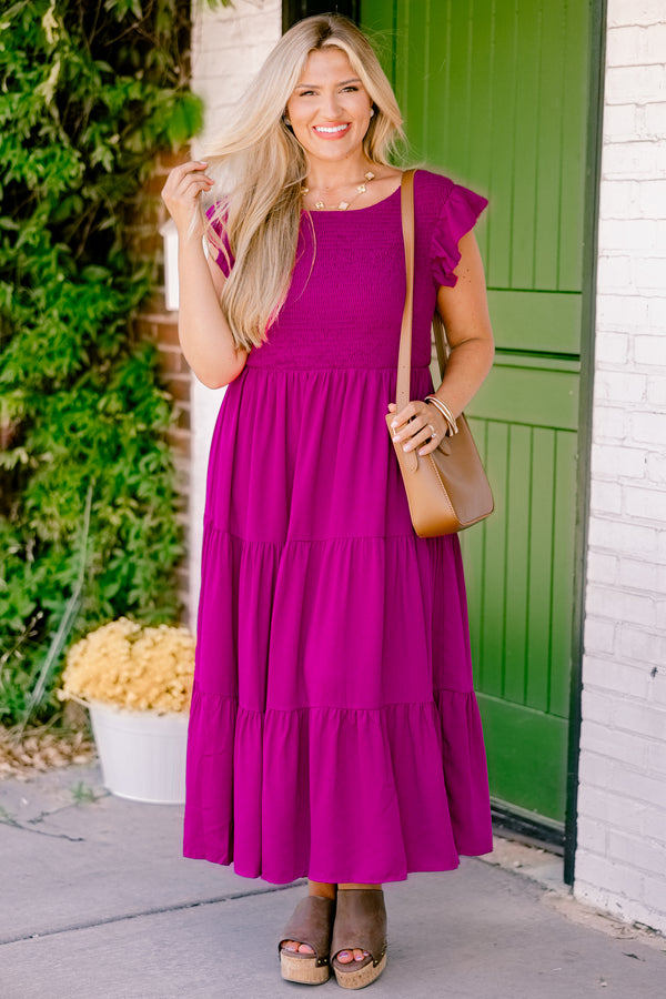 Chic Soul Plus size clothing, berry colored tiered maxi dress with a textured chest and flutter sleeves 