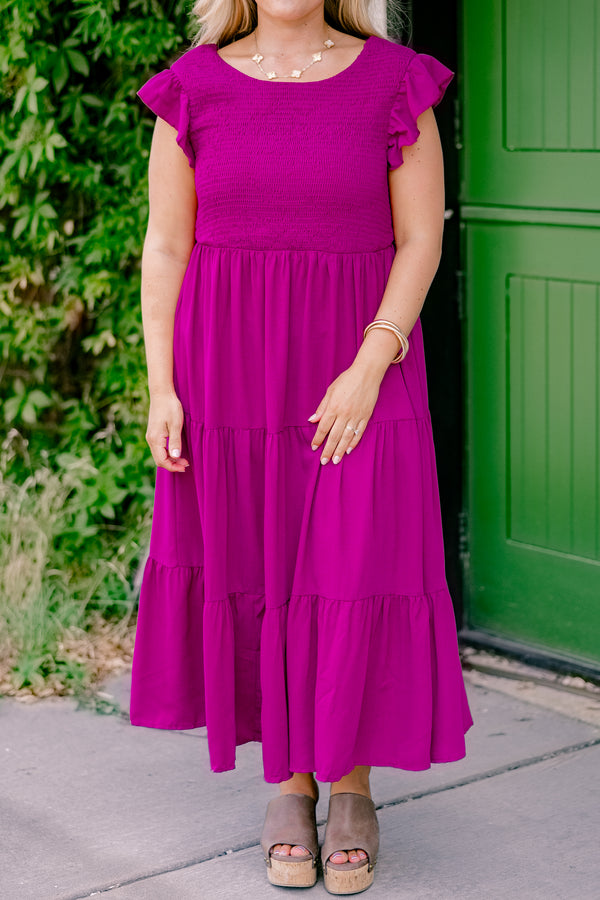 Chic Soul Plus size clothing, berry colored tiered maxi dress with a textured chest and flutter sleeves 