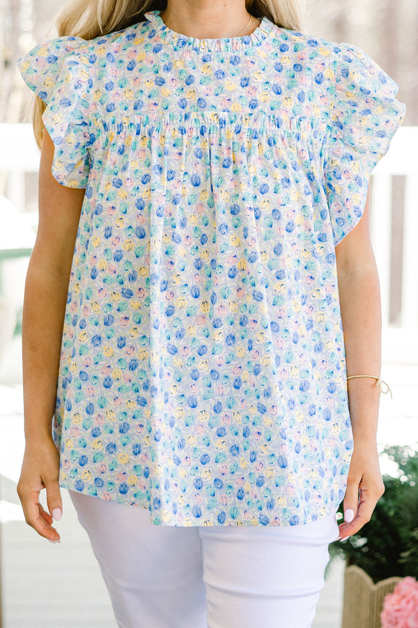 Chic Soul plus size clothing, short-flutter-sleeve blue floral top with a ruffled-mock-neckline and a subtle small blue floral print 