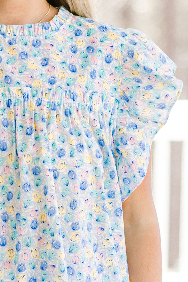 Chic Soul plus size clothing, short-flutter-sleeve blue floral top with a ruffled-mock-neckline and a subtle small blue floral print 