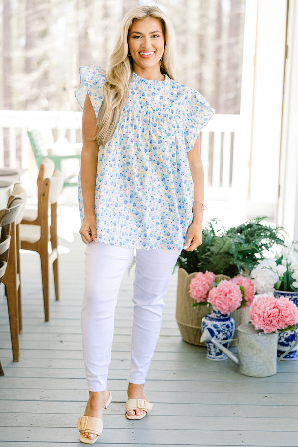 Chic Soul plus size clothing, short-flutter-sleeve blue floral top with a ruffled-mock-neckline and a subtle small blue floral print 