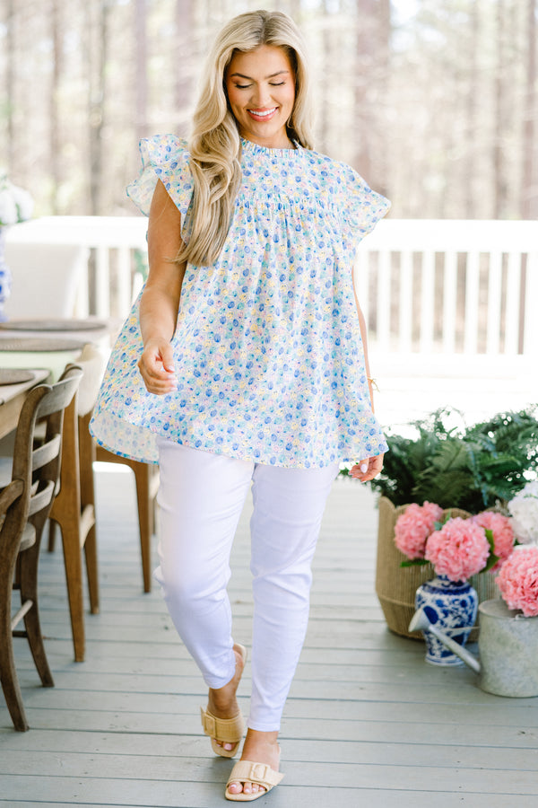 Chic Soul plus size clothing, short-flutter-sleeve blue floral top with a ruffled-mock-neckline and a subtle small blue floral print 