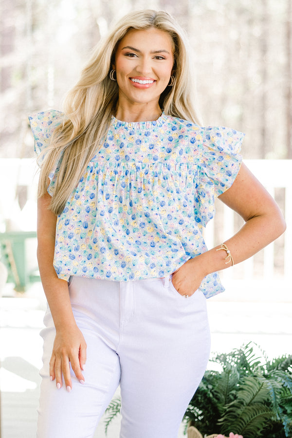 Chic Soul plus size clothing, short-flutter-sleeve blue floral top with a ruffled-mock-neckline and a subtle small blue floral print 