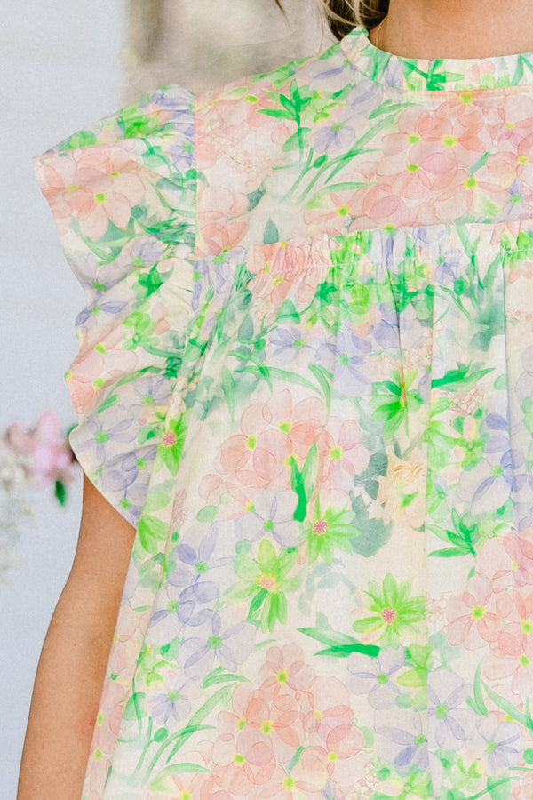 Chic Soul plus size clothing, green floral short sleeve pastel top with pink/purple floral design with mock neck and ruffle sleeves