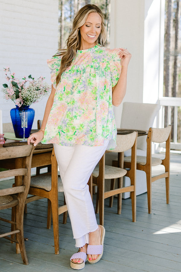 Chic Soul plus size clothing, green floral short sleeve pastel top with pink/purple floral design with mock neck and ruffle sleeves