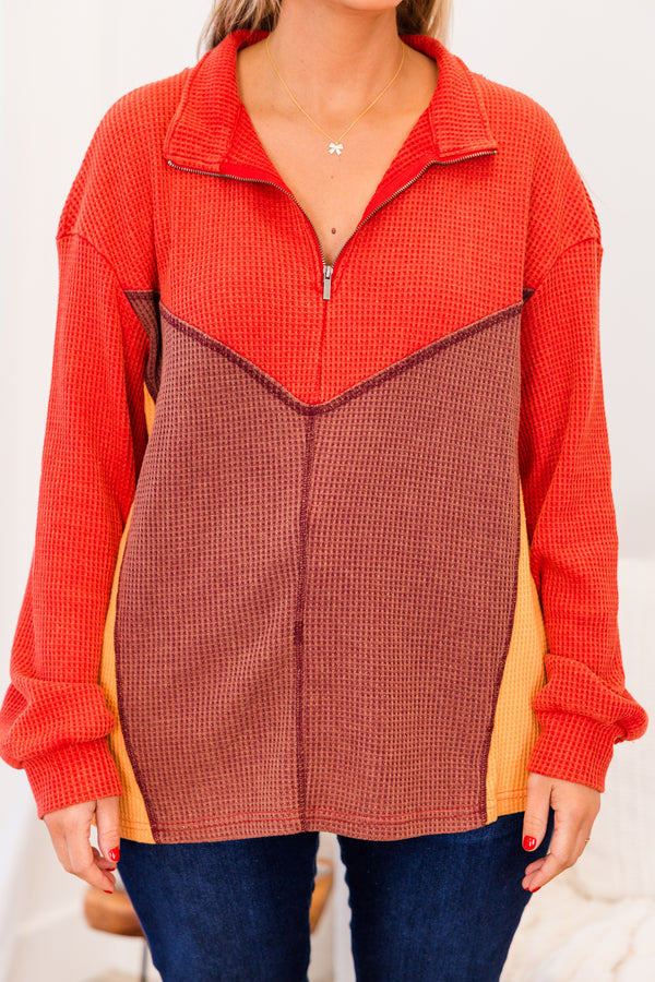 Chic Soul plus size clothing, multi color orange zip up waffle knit pullover with collar detail and silver zipper with cuff sleeves and colorblock design