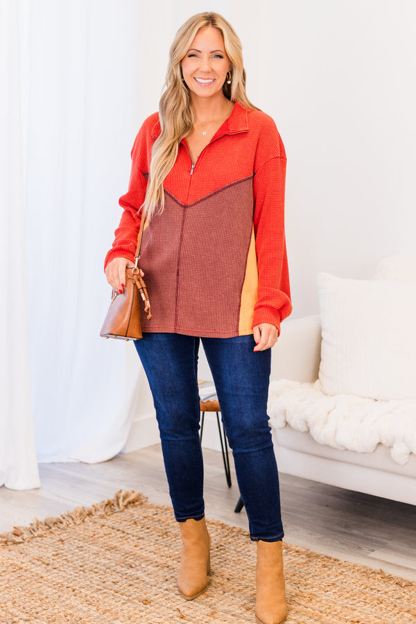 Chic Soul plus size clothing, multi color orange zip up waffle knit pullover with collar detail and silver zipper with cuff sleeves and colorblock design