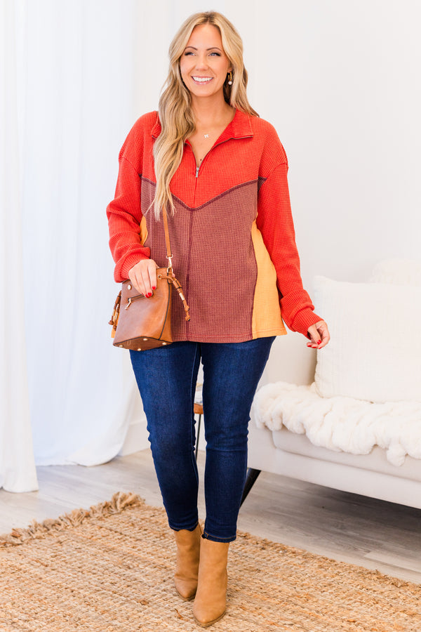 Chic Soul plus size clothing, multi color orange zip up waffle knit pullover with collar detail and silver zipper with cuff sleeves and colorblock design