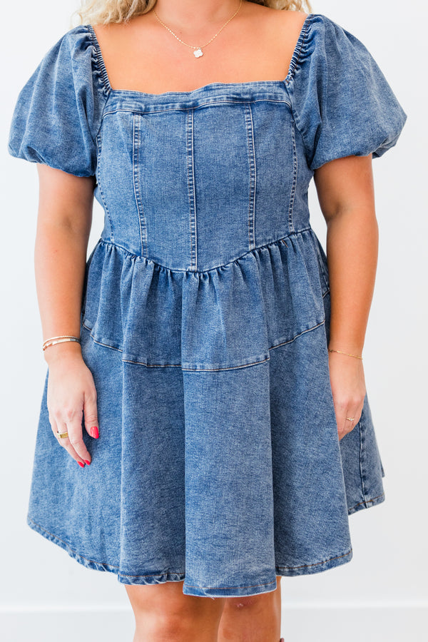 Chic Soul plus size clothing, short-sleeve medium-wash denim ruffled baby doll dress with puffed sleeves and square neck-line