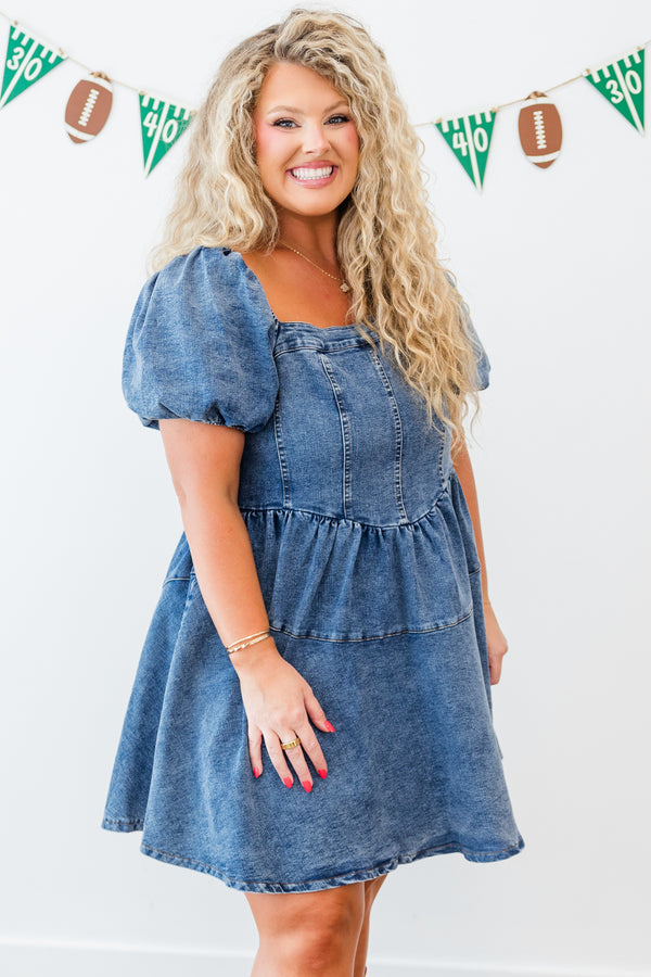 Chic Soul plus size clothing, short-sleeve medium-wash denim ruffled baby doll dress with puffed sleeves and square neck-line