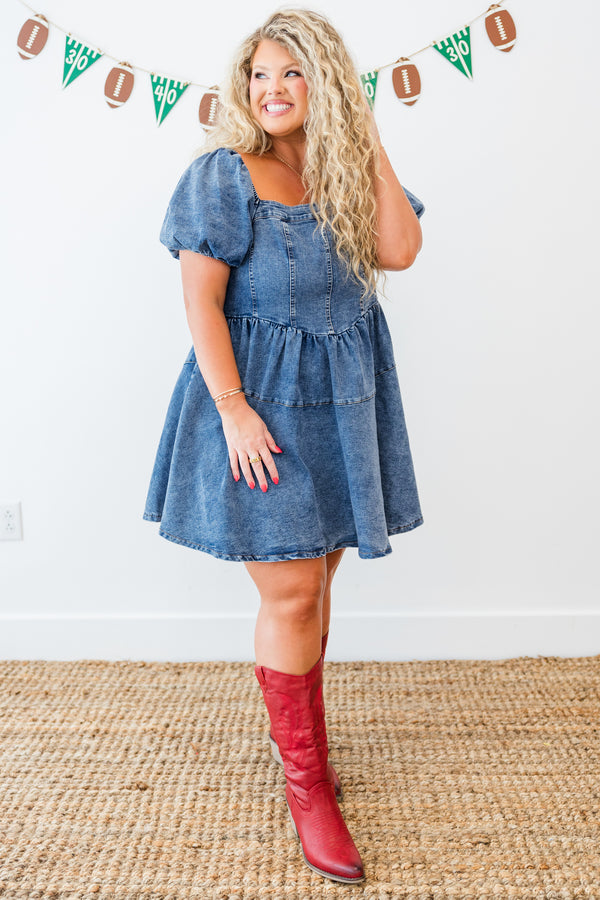 Chic Soul plus size clothing, short-sleeve medium-wash denim ruffled baby doll dress with puffed sleeves and square neck-line