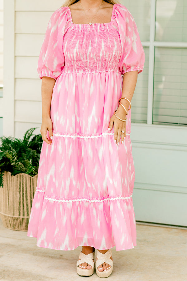 Chic Soul plus size clothing, baby pink maxi dress with an abstract pattern square neckline, and bubble sleeves 