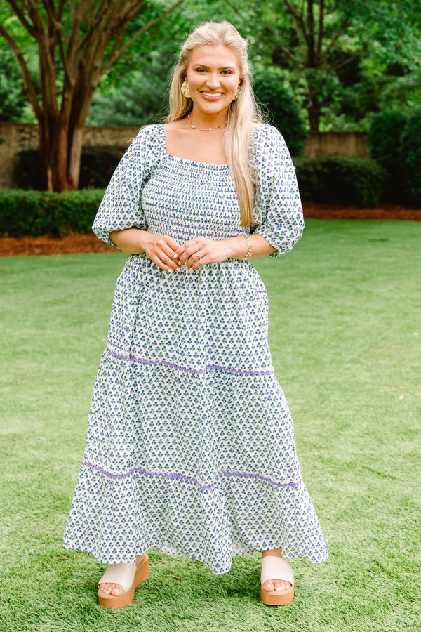 Chic Soul plus size clothing, purple and blue maxi dress with puff mid sleeves and shirring top