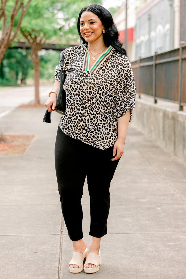 Chic Soul plus size clothing, camel leopard print short sleeve top with v neckline with green/tan/brown stripe border along neckline