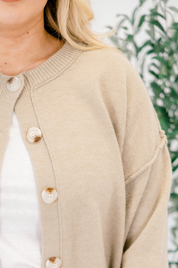 Chic Soul plus size clothing, light tan button up long sleeve crew neck cardigan with exterior chunky stitching detail