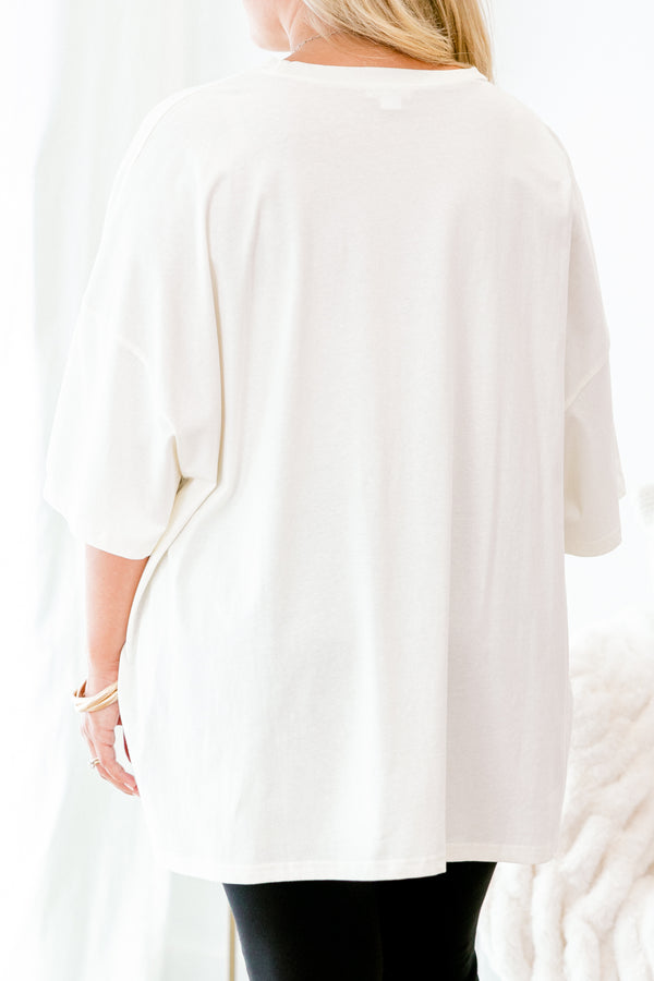 Chic Soul plus size clothing, ivory short sleeve graphic tee with the words 