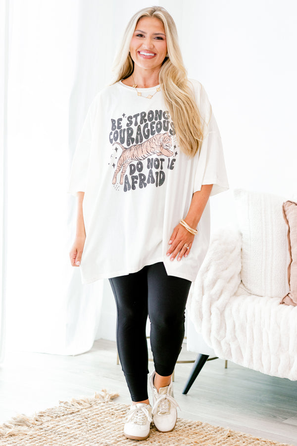 Chic Soul plus size clothing, ivory short sleeve graphic tee with the words 
