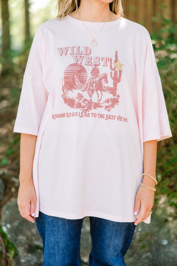 Chic Soul plus size clothing, cream pink short sleeve graphic tee with a wild west graphic on the center of the shirt and the saying 