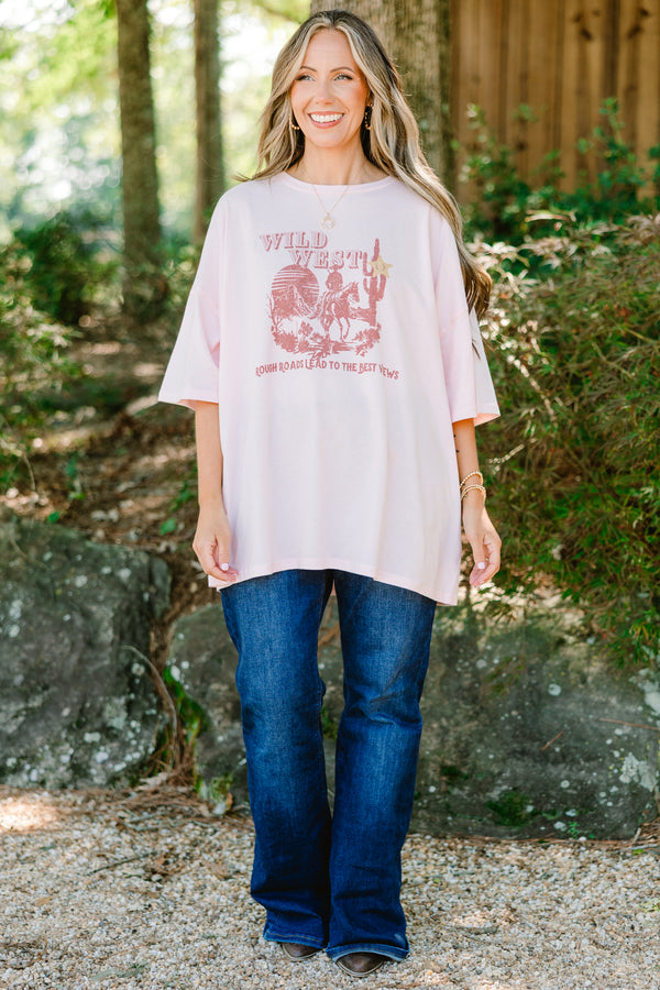 Chic Soul plus size clothing, cream pink short sleeve graphic tee with a wild west graphic on the center of the shirt and the saying 