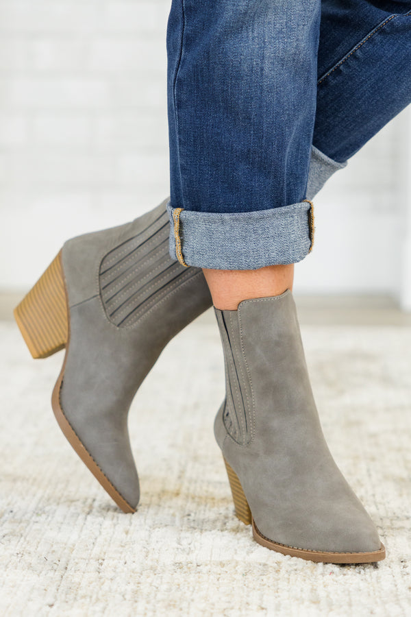 Chic Soul plus size clothing, grey chelsea ankle booties with brown wedge heel