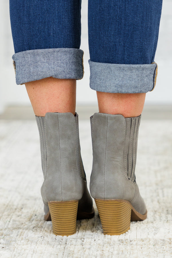 Chic Soul plus size clothing, grey chelsea ankle booties with brown wedge heel