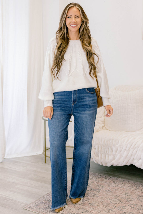 Chic Soul plus size clothing, dark wash wide leg jeans with a raw hem