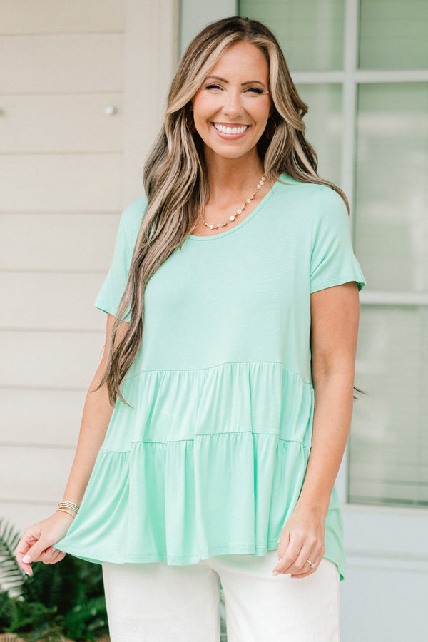 Chic Soul plus size clothing, mint short sleeve tiered top with round neckline