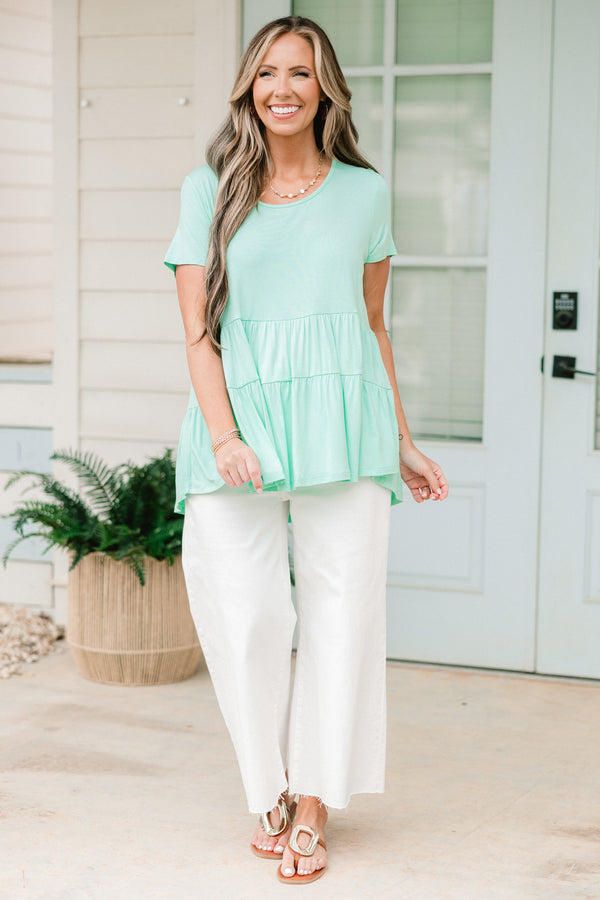 Chic Soul plus size clothing, mint short sleeve tiered top with round neckline