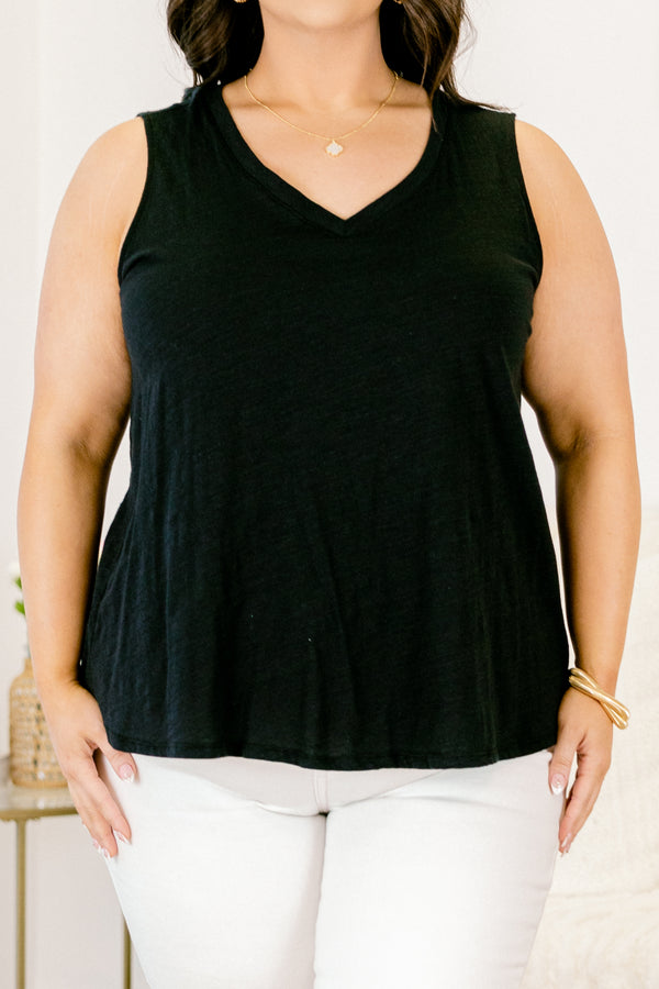 Chic Soul plus size clothing, black casual tank top with a slight v-neck 
