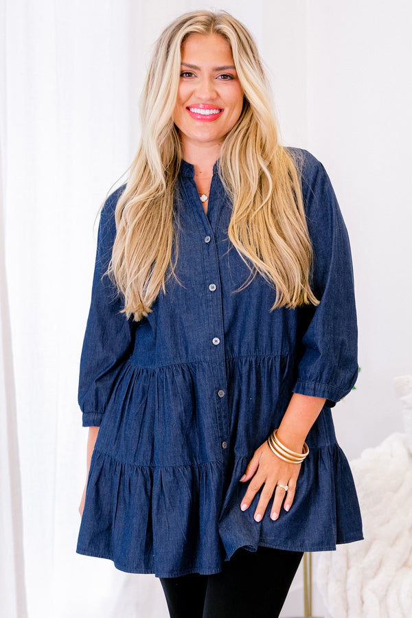 Chic Soul plus size clothing, dark wash buttoned tunic with 3/4 sleeve