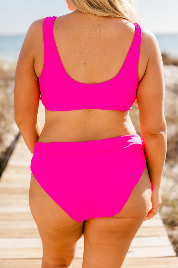 Plus Size fuchsia scoop neck bikini top with wide straps and a smooth, solid finish.
