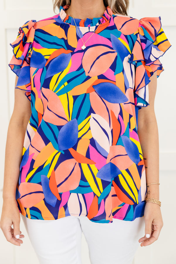 Chic Soul plus size clothing, royal blue short sleeve abstract floral top in multicolor with ruffle sleeves and mock neckline