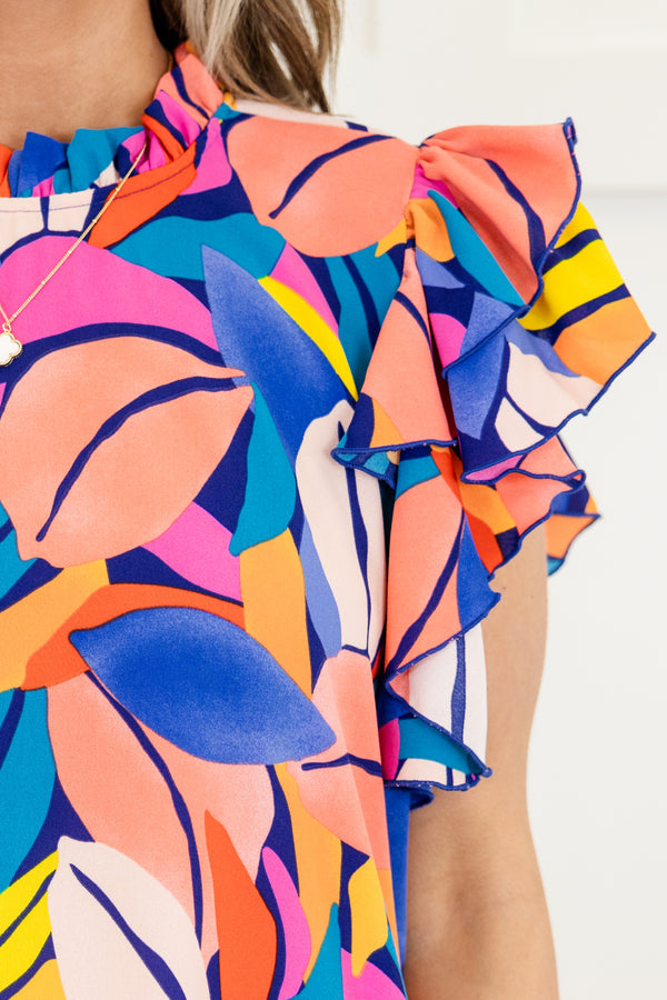Chic Soul plus size clothing, royal blue short sleeve abstract floral top in multicolor with ruffle sleeves and mock neckline