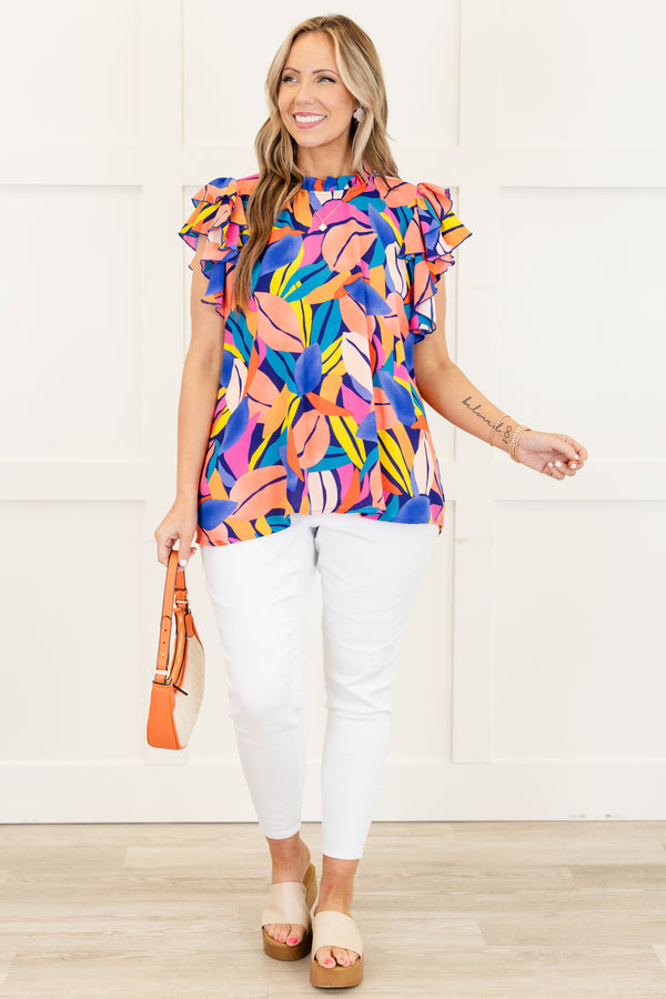Chic Soul plus size clothing, royal blue short sleeve abstract floral top in multicolor with ruffle sleeves and mock neckline