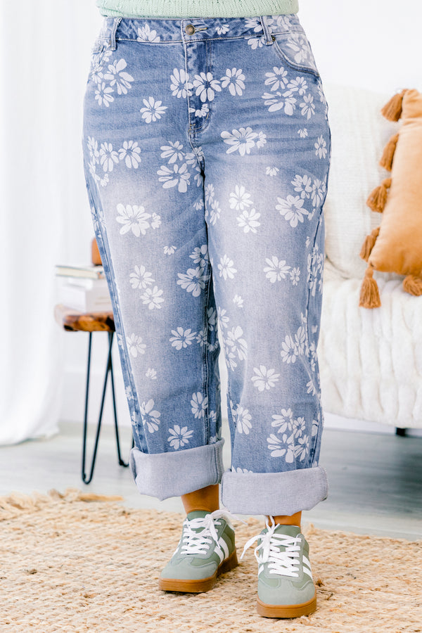 Chic Soul plus size clothing, straight leg jeans with cuffs at the end of each leg and a white floral pattern throughout 