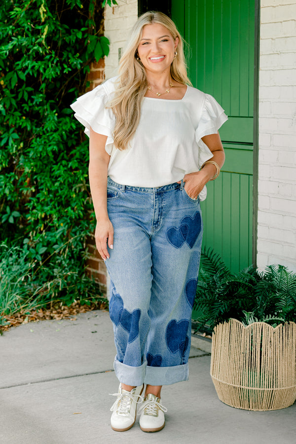 Chic Soul plus size clothing, medium wash straight leg denim jeans with dark denim heart patches
