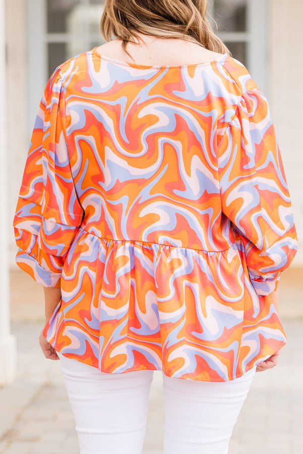 Chic Soul plus size clothing, orange-lavender abstract print three quarter length sleeve top with v neckline and tier ruffles along sleeve