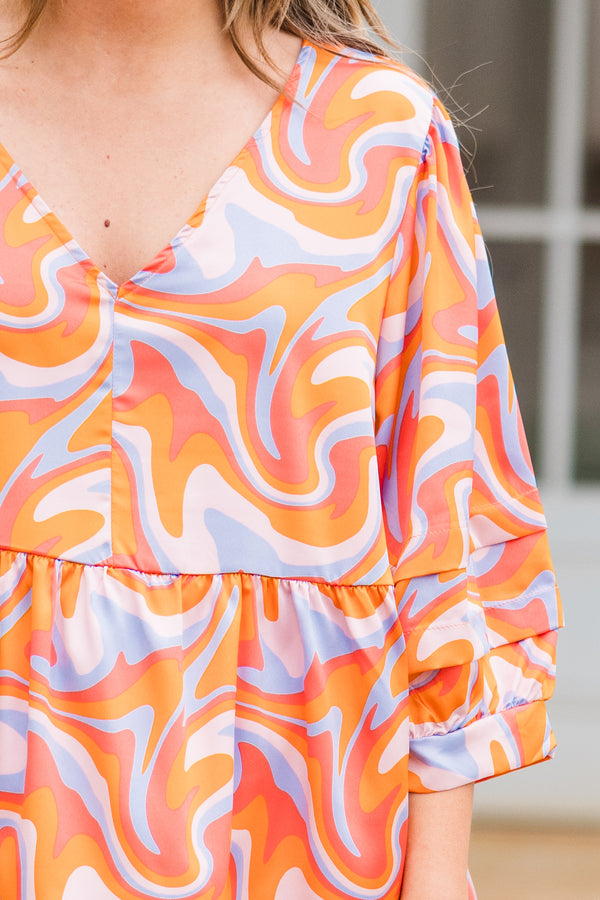 Chic Soul plus size clothing, orange-lavender abstract print three quarter length sleeve top with v neckline and tier ruffles along sleeve