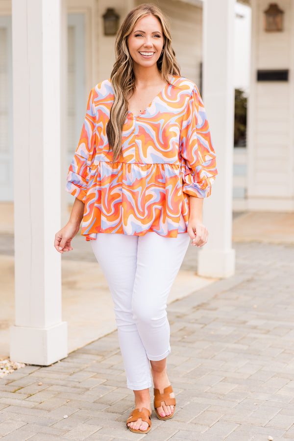 Chic Soul plus size clothing, orange-lavender abstract print three quarter length sleeve top with v neckline and tier ruffles along sleeve