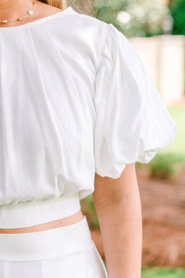 Chic Soul plus size clothing, white cropped top with simple pleated design and bubble sleeves