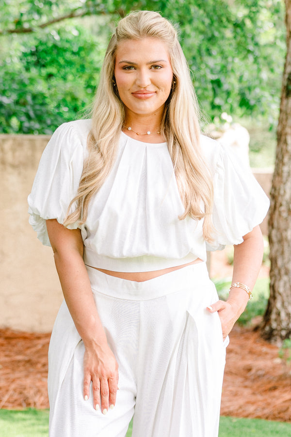 Chic Soul plus size clothing, white cropped top with simple pleated design and bubble sleeves